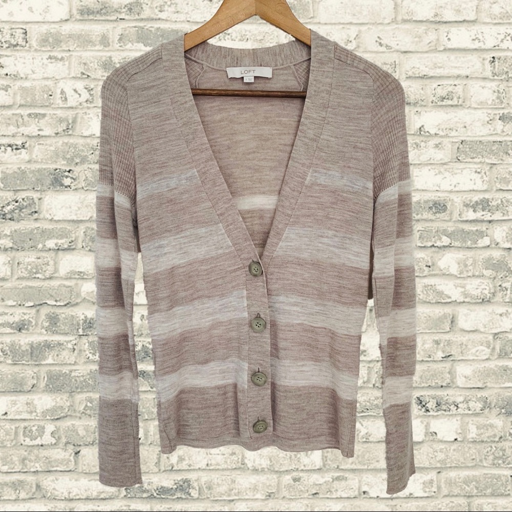 LOFT Neutral Deep V-Neck Stripe Light Cardigan